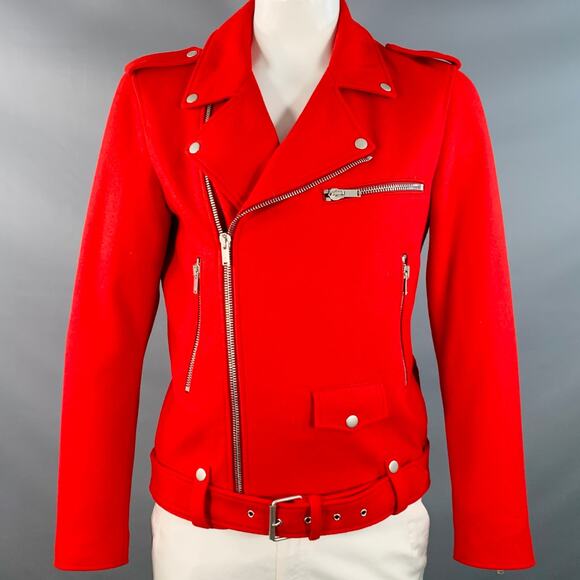PT TORINO Size 42 Red Wool Belted Zip Up Biker Jacket
